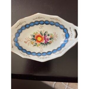 Vintage Occupied Japan Hand Painted Floral Dish Blue Trim Cottagecore Trinket
